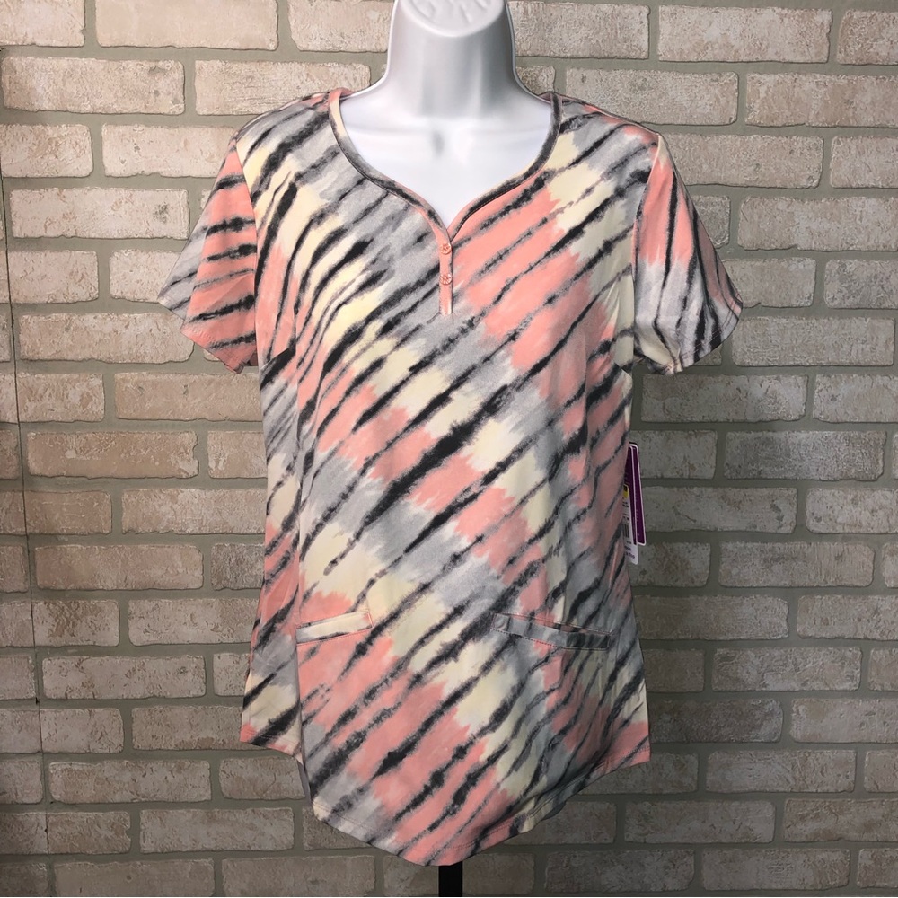 Healing Hands Purple Label Two Button Jewel Neck tie-dye scrub top